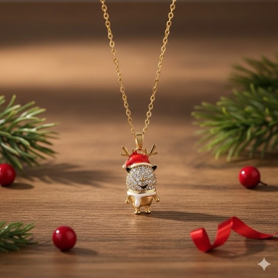 Rhinestone reindeer necklace on a holiday plate