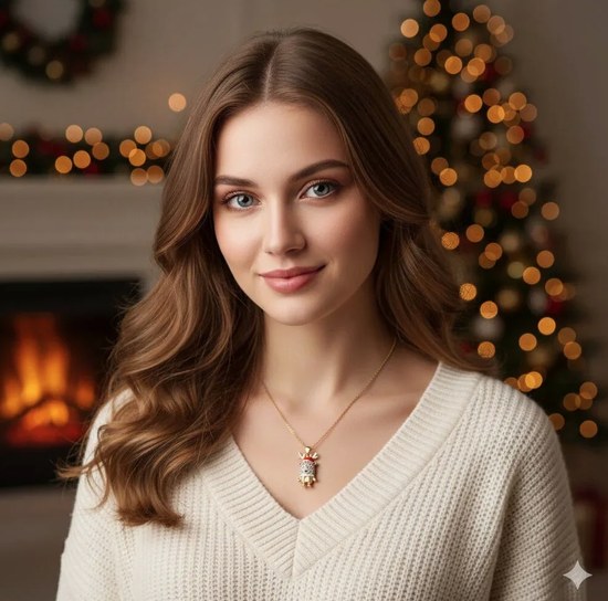 Rhinestone reindeer necklace worn with a cream sweater