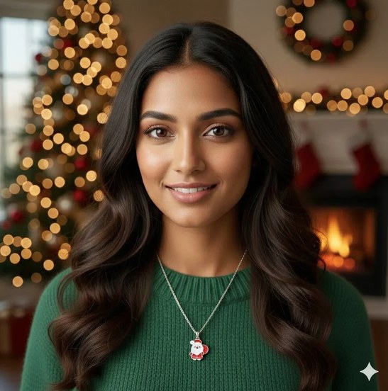 Christmas Santa necklace worn with a green sweater