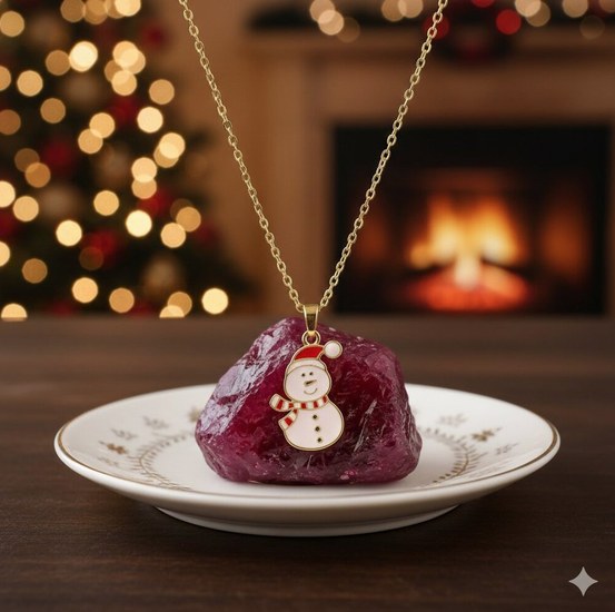 Christmas snowman necklace on a holiday plate