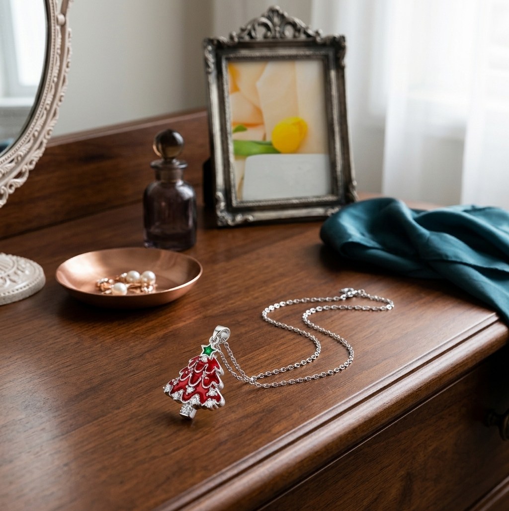Christmas tree necklace on a wooden dresser