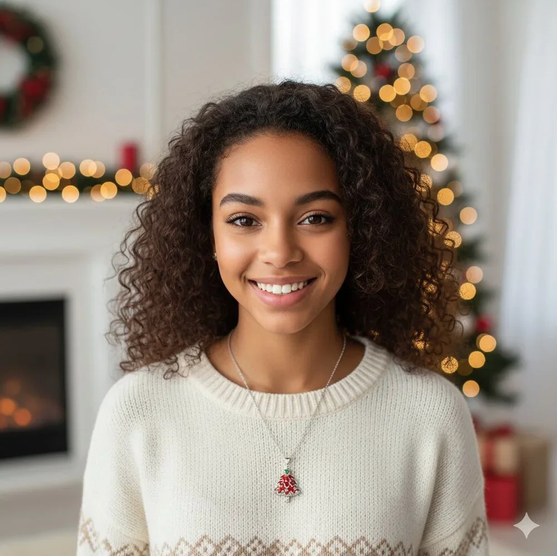 Christmas tree necklace worn with a cream sweater