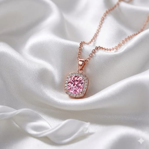 **Rose Gold Halo Cushion-Cut Pink Moissanite Necklace**