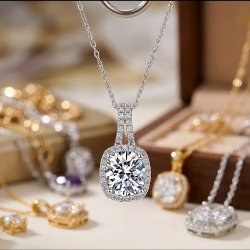 Silver 5C Solitary Moissanite Halo Pendant Necklace