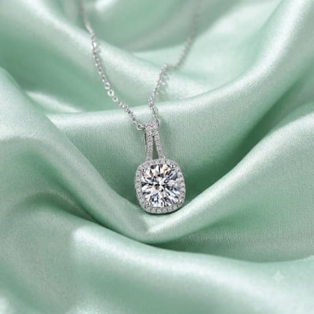 Cushion Cut Silver Halo Pendant Necklace