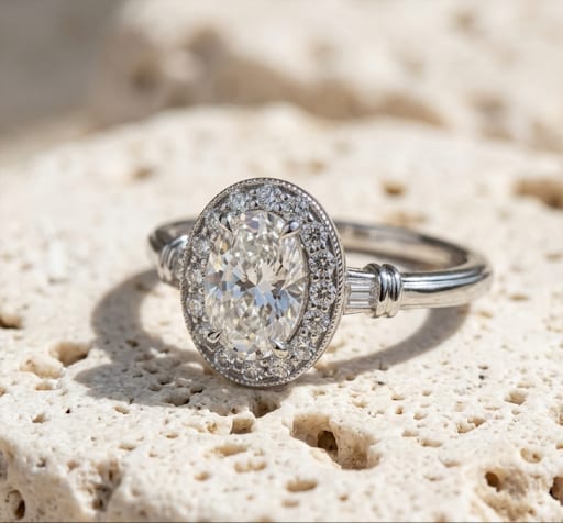 Silver Oval Halo 3C Moissanite Engagement Ring